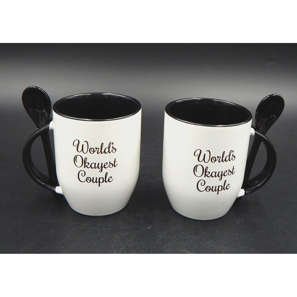 World's Okayest Couple Coffee Tea Mugs Cups W/Spoons Black White Love & Laughter